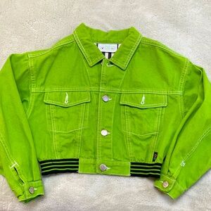 Benetton bright green denim jacket with adorable picture enhancement on back